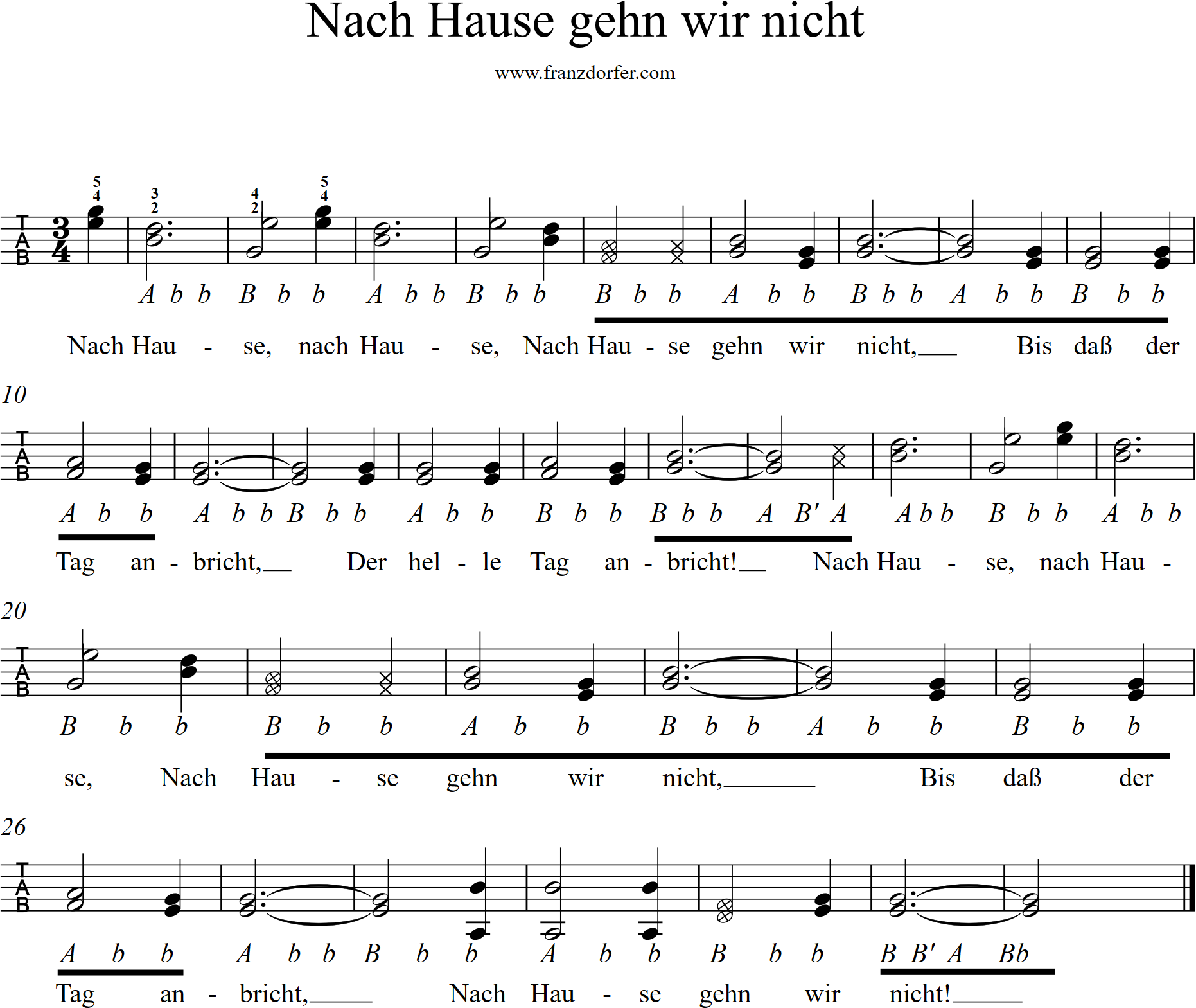 quetschnnoten, Ziach, Steirische lernen- Nach hause gehn wir nicht griffschrift,- Nach hause gehn wir nicht